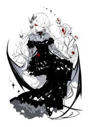 Rule 34 | 1girl, black choker, black dress, blood, bug, butterfly, character request, choker, dress, eyeball, flower, goth fashion, highres, insect, one eye closed, red eyes, rose, sheya, solo, white background, wings