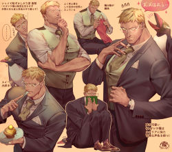 Rule 34 | ..., 1boy, animal, bara, belt, bird, black jacket, black pants, blonde hair, book, closed mouth, collared shirt, crossed legs, cupcake, eating, facial hair, food, fork, formal, glasses, grey vest, hand on own chin, highres, holding, holding book, holding fork, holding plate, jacket, large pectorals, male focus, muscular, muscular male, necktie, open clothes, open jacket, original, pants, pectorals, peeking out, penguin, plate, sewing, shirt, short hair, sitting, sleeves rolled up, stubble, suit, thinking, translation request, ueno kishi, utensil in mouth, vest, watch, white shirt, wristwatch, yellow eyes