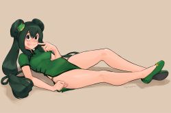 Rule 34 | 1girl, alternate hairstyle, asui tsuyu, bare legs, black eyes, blush, boku no hero academia, bow-shaped hair, breasts, china dress, chinese clothes, commission, double bun, dress, finger to cheek, fingernails, flats, frog girl, frog hair ornament, full body, green dress, green footwear, green hair, hair bun, hair ornament, long hair, long legs, low-tied long hair, lying, medium breasts, nose blush, on back, pelvic curtain, short dress, side slit, solo, squeezable (squeezabledraws), thighs, tongue, tongue out, twintails