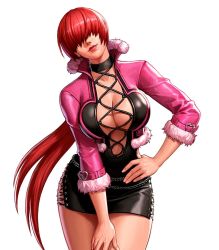 Rule 34 | 1girl, black dress, bodycon, dress, earrings, jewelry, lipgloss, lipstick, makeup, rayzo-1986, red hair, red lips, shermie (kof), solo, the king of fighters, white background