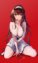 Rule 34 | 1girl, absurdres, bare shoulders, black hair, breasts, brown hair, chunchilin, collarbone, commentary request, dress, food, food in mouth, hairband, highres, kasumigaoka utaha, kneeling, large breasts, long hair, nightgown, pocky, pocky in mouth, red background, red eyes, saenai heroine no sodatekata, simple background, solo, spaghetti strap, strap slip, thighs, very long hair, white dress, white hairband