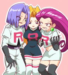 Rule 34 | 1boy, 2girls, angry, blonde hair, blue eyes, cassidy (pokemon), creatures (company), embarrassed, game freak, green eyes, highres, james (pokemon), jessie (pokemon), macchiromomomo, multiple girls, nintendo, pink background, pink hair, pokemon, pokemon (anime), purple eyes, purple hair, smile, team rocket
