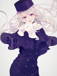 Rule 34 | 1girl, bad id, bad twitter id, buttons, capelet, double-breasted, dress, fate/stay night, fate (series), fur hat, grey background, grey hair, hat, head tilt, highres, illyasviel von einzbern, long hair, looking at viewer, papakha, parted lips, pink eyes, purple capelet, purple dress, purple hat, satsuki (miicat), scarf, simple background, smile, solo, upper body, white scarf