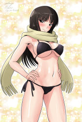Rule 34 | 1girl, artist name, bikini, black bikini, blunt bangs, blush, breasts, brown eyes, brown hair, closed mouth, commentary, fringe trim, frown, girls und panzer, hands on own hips, large breasts, long hair, looking at viewer, matsui yasutsugu, mature female, navel, nishizumi shiho, one-hour drawing challenge, scarf, side-tie bikini bottom, signature, solo, standing, straight hair, string bikini, swimsuit, upper body, yellow scarf