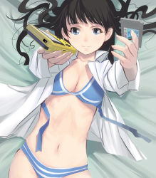 Rule 34 | 1girl, bed, black hair, blue eyes, breasts, game boy, game boy (original), handheld game console, kouno (masao), light smile, long hair, looking at viewer, lying, navel, on back, open clothes, open shirt, original, panties, pixiv, shirt, solo, striped clothes, striped panties, underwear