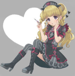 Rule 34 | 1girl, absurdres, armband, bad id, bad twitter id, black dress, black footwear, blonde hair, boots, cross-laced footwear, dress, full body, grey thighhighs, hand on own cheek, hand on own face, hat, high heel boots, high heels, highres, holding, holding syringe, idol clothes, idol time pripara, knee boots, knees up, long hair, looking at viewer, nail polish, nurse, nurse cap, open mouth, pretty series, pripara, purple eyes, red nails, ringlets, shiyurinpu, short sleeves, sitting, solo, stethoscope, syringe, thighhighs, two side up, yumekawa yui