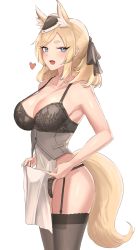 Rule 34 | 1girl, 360 (taiyo360), :d, absurdres, animal ear fluff, animal ears, arknights, bare arms, bare shoulders, black bra, black hat, black panties, black ribbon, black thighhighs, blonde hair, blue eyes, blush, bra, breasts, cleavage, clothes lift, commentary request, cowboy shot, garter straps, hair ribbon, hat, heart, highres, horse ears, large breasts, long hair, looking at viewer, mini hat, open mouth, panties, partial commentary, pelvic curtain, pelvic curtain lift, ribbon, simple background, smile, solo, standing, tail, thick eyebrows, thighhighs, thighs, underwear, whislash (arknights), white background