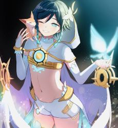 Rule 34 | 1boy, alternate costume, androgynous, animal, animal on shoulder, black hair, blue hair, blush, braid, bug, butterfly, capelet, chest tattoo, chiroron, crop top, detached sleeves, feathered wings, flower, fox, genshin impact, gradient hair, green eyes, hair flower, hair ornament, highres, hood, hood up, hooded capelet, insect, long sleeves, male focus, midriff, multicolored hair, navel, one eye closed, open mouth, short hair with long locks, shorts, simple background, single thighhigh, smile, solo, tattoo, thighhighs, twin braids, venti (archon) (genshin impact), venti (genshin impact), white flower, white shorts, wings