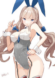 Rule 34 | 1girl, adapted costume, animal ears, bare shoulders, between breasts, blue eyes, blue necktie, breasts, cowboy shot, garter straps, grey leotard, hand on own hip, highres, kantai collection, large breasts, leotard, light brown hair, long hair, looking at viewer, maryland (kancolle), necktie, necktie between breasts, one-hour drawing challenge, playboy bunny, rabbit ears, simple background, solo, tetsukuzu (yajirushi shita), thighhighs, white background, wrist cuffs