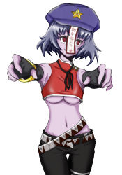 Rule 34 | 1girl, belt, breasts, cabbie hat, chinese clothes, colored skin, colorfag, colorized, contemporary, female focus, fingerless gloves, gloves, grey hair, hat, jiangshi, midriff, miyako yoshika, multiple belts, navel, non-web source, ofuda, orz (orz57), outstretched arms, pants, purple skin, red eyes, short hair, solo, star (symbol), thigh gap, touhou, underboob, zombie pose