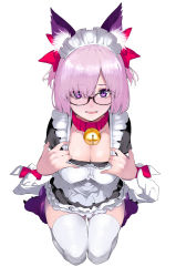 Rule 34 | 1girl, absurdres, aka shiro kiiro, animal ears, apron, bad id, bad pixiv id, bell, black dress, blush, breasts, cat ears, cleavage, collar, collarbone, cosplay, dress, fate/extra, fate/grand order, fate (series), frills, glasses, hair over one eye, hair ribbon, highres, jingle bell, light purple hair, looking at viewer, maid headdress, mash kyrielight, neck bell, open mouth, paw shoes, puffy short sleeves, puffy sleeves, purple eyes, red ribbon, ribbon, seiza, shoes, short hair, short sleeves, simple background, sitting, smile, tamamo (fate), tamamo cat (fate), tamamo cat (fate) (cosplay), tamamo cat (second ascension) (fate), thighhighs, two side up, white apron, white background, white thighhighs