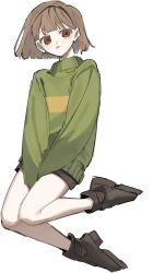 Rule 34 | 1other, arms between legs, black shorts, brown eyes, brown hair, chara (undertale), full body, green sweater, highres, i3dpi, long sleeves, looking at viewer, other focus, shoes, short hair, short shorts, shorts, simple background, solo, sweater, tongue, undertale, white background