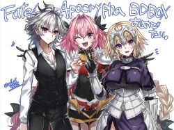 Rule 34 | 1girl, 2boys, armor, artist name, astolfo (fate), blonde hair, braid, braided ponytail, breasts, commentary request, copyright name, cowboy shot, fang, fate/apocrypha, fate (series), grey hair, hair between eyes, haoro, jeanne d&#039;arc (fate), jeanne d&#039;arc (ruler) (fate), large breasts, long hair, long sleeves, looking at viewer, multiple boys, one eye closed, open mouth, pink hair, purple eyes, red eyes, sieg (fate), simple background, skin fang, smile, tongue, trap, twitter username, v, watermark, white background