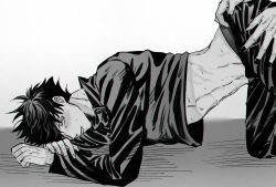 Rule 34 | 2boys, abs, all fours, blush, clothes lift, clothes pull, commentary request, fushiguro megumi, fushirun rung, high collar, highres, jacket, jacket lift, jujutsu kaisen, korean commentary, long sleeves, male focus, male underwear, monochrome, multiple boys, nail polish, out of frame, pants, pants pull, pulling another&#039;s clothes, ryoumen sukuna (jujutsu kaisen), school uniform, short hair, solo focus, spiked hair, sweat, tears, top-down bottom-up, underwear, undressing another, yaoi
