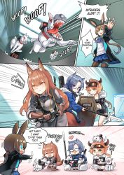 Rule 34 | 4girls, amiya (arknights), animal ears, anus, arknights, ballistic shield, blue eyes, blue hair, brown hair, bull horns, camera, comic, commentary, croissant (arknights), dog, dog ears, english commentary, english text, fang (arknights), franka (arknights), glasses, goggles, goggles on head, green eyes, harness, headpat, highres, hm (hmongt), multiple girls, official art, orange eyes, orange hair, pleated skirt, polearm, rabbit ears, riot shield, saber (weapon), sheath, shield, skirt, spear, sword, tail, tail wagging, weapon, wolf ears