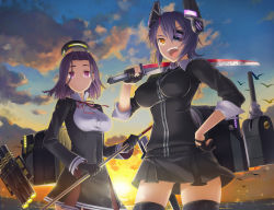 Rule 34 | 10s, 2girls, cowboy shot, eyepatch, gloves, halo, hand on own hip, headgear, highres, holding, holding sword, holding weapon, itou (onsoku tassha), kantai collection, mechanical halo, multiple girls, ocean, one eye covered, open mouth, personification, purple eyes, purple hair, school uniform, short hair, sky, smile, standing, sword, tatsuta (kancolle), tenryuu (kancolle), thighhighs, weapon, yellow eyes