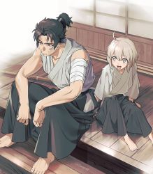 Rule 34 | 1boy, 1girl, aged down, ahoge, alternate hairstyle, architecture, black hair, black hakama, blonde hair, child, closed mouth, commentary request, fate/grand order, fate (series), full body, grey eyes, hakama, hijikata toshizou (fate), japanese clothes, looking away, lunapont, okita souji (fate), okita souji (koha-ace), open mouth, parted bangs, ponytail, red eyes, short hair, short sleeves, sitting, sleeveless, smile, sweat, toned, toned male, twitter username