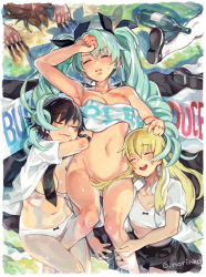 Rule 34 | 10s, 3girls, :3, :d, ^ ^, anchovy (girls und panzer), arm up, ass, banner, black footwear, black hair, black necktie, black ribbon, black skirt, blonde hair, blush, bottle, bow, bow panties, bra, braid, breasts, brown hair, carpaccio (girls und panzer), cleavage, clenched hand, closed eyes, closed mouth, collarbone, collared shirt, drill hair, drooling, eyebrows, from above, girls und panzer, green hair, groin, hair between eyes, hair censor, hair ribbon, hand on another&#039;s head, head tilt, highres, leg grab, long hair, lying, medium breasts, multiple girls, navel, necktie, no pants, norinco, nude, on back, on ground, on stomach, open clothes, open mouth, open shirt, panties, parted lips, pepperoni (girls und panzer), pleated skirt, ribbon, saliva, shirt, shoes, short hair, side braid, silhouette, skirt, sleeping, smile, sports bra, sweat, twin drills, twitter username, underwear, very long hair, white bra, white legwear, white panties, white shirt, wine bottle