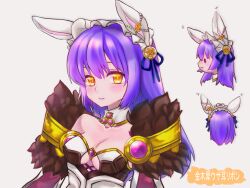Rule 34 | 1girl, :3, animal ears, blue ribbon, blush, breasts, brown dress, cleavage, closed mouth, collar, commentary request, detached collar, dress, elemental master (ragnarok online), fake animal ears, frilled hairband, frills, fur collar, gem, hair ribbon, hairband, highres, long hair, looking at viewer, medium bangs, medium breasts, multiple views, parted lips, purple gemstone, purple hair, rabbit ears, ragnarok online, ribbon, shirokuro (erisnoa), simple background, smile, translation request, upper body, white background, white collar, white hairband, yellow eyes
