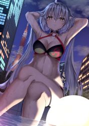 Rule 34 | 1girl, absurdres, ahoge, armpits, arms up, bad id, bad pixiv id, bare shoulders, bikini, black bikini, breasts, choker, cleavage, fate/grand order, fate (series), gloves, grey hair, highres, jeanne d&#039;arc alter (fate), jeanne d&#039;arc alter (swimsuit berserker) (fate), large breasts, long hair, looking at viewer, navel, night, night sky, o-ring, o-ring bikini, outdoors, sitting, sky, solo, stomach, swimsuit, toukan, very long hair, wet, yellow eyes