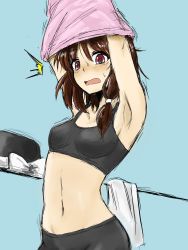 Rule 34 | 1girl, @ @, ^^^, armpits, arms up, black bra, black hat, blue background, blush, bow, bra, breasts, brown hair, commentary request, cowboy shot, efukei, hair between eyes, hat, hat bow, highres, looking at viewer, medium breasts, navel, open mouth, red eyes, sidelocks, simple background, sketch, solo, sports bra, stomach, sweat, touhou, underwear, undressing, unworn hat, unworn headwear, usami renko, white bow