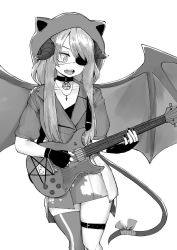 Rule 34 | 1girl, choker, commission, cowboy shot, cross, demon girl, demon horns, demon wings, electric guitar, eyepatch, facing viewer, greyscale, guitar, highres, hood, hood up, horns, instrument, inverted cross, inverted cross necklace, long hair, monochrome, music, norman maggot, original, pentagram pendant, playing instrument, simple background, single thighhigh, standing, tail, thigh strap, thighhighs, white background, wings