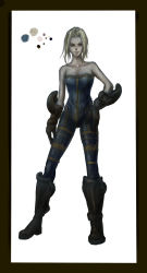 Rule 34 | 1girl, bare arms, bare shoulders, black eyes, black footwear, black gloves, blonde hair, blue eyes, boots, brass knuckles, breasts, collarbone, copepe, female focus, final fantasy, final fantasy tactics, full body, gloves, hand on own hip, highres, looking at viewer, monk (fft), neck, short hair, sidelocks, simple background, smile, solo, unitard, weapon, white background