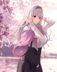 Rule 34 | 1girl, :o, cherry blossoms, commentary request, falling petals, floating hair, grey hair, hairband, high-waist skirt, highres, idolmaster, idolmaster (classic), idolmaster million live!, lake, long hair, looking afar, outdoors, petals, red hairband, shawl, shijou takane, shirt, sira (user dswn7488), skirt, solo, striped clothes, striped shirt, suspender skirt, suspenders, wavy hair