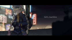 Rule 34 | 1girl, black pantyhose, blonde hair, blue skirt, blush, braid, coffee cup, cup, disposable cup, english text, girls&#039; frontline, hair between eyes, highres, holding, holding cup, long hair, looking at viewer, neon lights, pantyhose, purple eyes, scenery, skirt, solo, sr-3mp (girls&#039; frontline), text focus, twin braids, waterkuma