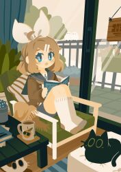 Rule 34 | 1girl, ahoge, animal, balcony, bird, blue eyes, book, brown cardigan, brown hair, buttons, cardigan, cat, commentary, cup, day, door, full body, grey sailor collar, grey shorts, hair ornament, hairpin, highres, holding, holding book, indoors, kagamine rin, kneehighs, knees up, legs together, light brown hair, long sleeves, looking at viewer, medium hair, mug, no lineart, no shoes, on chair, open book, open cardigan, open clothes, open mouth, plant, potted plant, projecttiger, sailor collar, shorts, sitting, socks, solo, symbol-only commentary, table, tea, teabag, treble clef, vocaloid, white socks