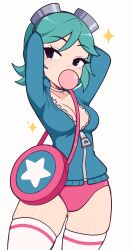 Rule 34 | 1girl, absurdres, arms behind head, bag, black eyes, blue hair, breasts, blowing bubbles, chewing gum, cleavage, cremanata, goggles, goggles on head, handbag, highres, jacket, large breasts, legs, open clothes, open jacket, panties, ramona flowers, scott pilgrim (series), short shorts, shorts, thick thighs, thighhighs, thighs, track jacket, underwear, unzipped, white background