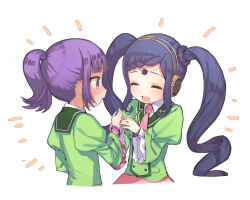 Rule 34 | 2girls, :d, avocado academy school uniform, bad id, bad pixiv id, blue hair, blunt bangs, blush, bracelet, braid, braided bangs, closed eyes, collared shirt, cropped torso, facing another, garara s leep, green jacket, hanazono shuka, hands up, head chain, headphones, heath (artist), highres, idol time pripara, jacket, jewelry, long hair, long sleeves, looking at another, multiple girls, necktie, open mouth, pink necktie, pink skirt, ponytail, pretty series, pripara, puffy sleeves, purple eyes, purple hair, putting on jewelry, sailor collar, school uniform, shirt, sidelocks, simple background, skirt, smile, twintails, upper body, very long hair, white background, white shirt, wide sleeves