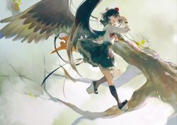 Rule 34 | 1girl, :d, bird wings, black footwear, black hair, black skirt, black socks, black wings, branch, camera, feathered wings, frilled skirt, frills, from side, geta, hand up, hat, highres, holding, holding camera, kneehighs, long sleeves, looking afar, medium hair, neckerchief, open mouth, pom pom (clothes), red eyes, red hat, red neckerchief, sf 404, shameimaru aya, shirt, single kneehigh, single sock, skirt, smile, socks, solo, tokin hat, touhou, upper body, white shirt, wings