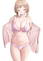Rule 34 | 1girl, blush, bow, bow panties, bra, breasts, cleavage, closed eyes, collarbone, highres, idolmaster, idolmaster shiny colors, large breasts, light brown hair, navel, open clothes, open shirt, panties, pink bra, pink panties, pink shirt, sakuragi mano, shinonome shake, shirt, shirt hold, short twintails, simple background, single bare shoulder, skindentation, smile, solo, stomach, twintails, underwear, white background