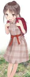 Rule 34 | 1girl, :d, backpack, bag, bare arms, bare shoulders, blush, breasts, brown dress, brown eyes, brown hair, child, collared dress, dated, dress, feet out of frame, highres, holding strap, long hair, looking at viewer, open mouth, original, plaid, plaid dress, ponytail, randoseru, signature, sleeveless, sleeveless dress, small breasts, smile, solo, standing, white background, yone kinji