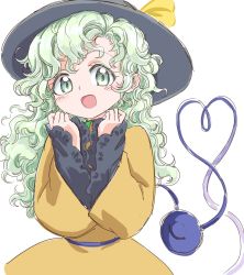 Rule 34 | 1girl, :d, alternate hair length, alternate hairstyle, black hat, green eyes, green hair, hat, heart, heart of string, highres, komeiji koishi, long hair, long sleeves, looking at viewer, open mouth, s-a-murai, shirt, simple background, skirt, smile, solo, third eye, touhou, very long hair, white background, wide sleeves, yellow shirt