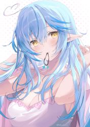Rule 34 | 1girl, ahoge, akamoku, alternate costume, banned artist, blue hair, blue nails, blush, breasts, camisole, cleavage, closed mouth, commentary request, hair between eyes, hair tie in mouth, heart, heart ahoge, highres, hololive, large breasts, light blue hair, long hair, looking at viewer, mouth hold, multicolored hair, nail polish, partial commentary, pointy ears, polka dot, polka dot background, simple background, sleepwear, sleeveless, solo, streaked hair, twitter username, two-tone hair, upper body, virtual youtuber, white background, white camisole, yellow eyes, yukihana lamy