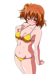 Rule 34 | 10s, 1girl, bikini, blush, brown eyes, brown hair, inferno (nanbu14), kosaka honoka, love live!, love live! school idol project, navel, short hair, side ponytail, simple background, solo, swimsuit, yellow bikini