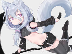Rule 34 | 1girl, animal ear fluff, animal ears, black footwear, black gloves, black shorts, black thighhighs, boots, breasts, copyright request, detached sleeves, earrings, fang, fang out, front ponytail, fur trim, gloves, hair between eyes, hood, hood down, jewelry, long hair, looking at viewer, nyifu, open fly, scythe, short shorts, shorts, silver hair, simple background, small breasts, solo, stomach, tail, thighhighs, twitter username