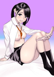 Rule 34 | 1girl, black eyes, black hair, black skirt, black socks, breasts, collared shirt, dress shirt, dytm, gradient background, highres, kneehighs, knees up, long sleeves, looking at viewer, medium breasts, neck ribbon, nipples, no bra, open clothes, open mouth, open shirt, original, panties, panty pull, pulling own clothes, ribbon, school uniform, shirt, sitting, skirt, socks, solo, teeth, twintails, underwear, upper teeth only, white shirt