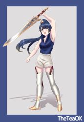 Rule 34 | 1girl, absurdres, alfonse (fire emblem), alternate costume, alternate hairstyle, bare arms, boots, fire emblem, fire emblem heroes, genderswap, genderswap (mtf), hair ornament, high-waist shorts, highres, long hair, nintendo, ponytail, short sleeves, shorts, sleeveless, sword, thigh boots, thighhighs, very long hair, weapon, zettai ryouiki