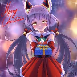 Rule 34 | 1girl, animal ears, blunt bangs, cat ears, chest jewel, christmas, dress, facial mark, gem, gift, gloves, long hair, low twintails, nia (blade) (xenoblade), nia (xenoblade), red gloves, santa dress, silver hair, solo, twintails, very long hair, xenoblade chronicles (series), xenoblade chronicles 2, yellow eyes, z-ki
