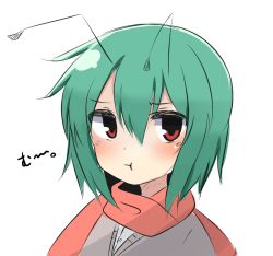 Rule 34 | 1girl, :t, angry, antennae, bad id, bad pixiv id, blush, green hair, red eyes, scarf, solo, touhou, twumi, white background, wriggle nightbug
