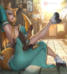 Rule 34 | 1girl, absurdres, animal ears, ass, bare shoulders, bow, breasts, dress, fox ears, fox tail, genshin impact, gloves, gradient hair, green eyes, hair ornament, highres, hina (genshin impact), japanese clothes, kimono, large breasts, long hair, looking at viewer, melowh, multicolored hair, open mouth, platform clogs, shiny clothes, shiny skin, sideboob, sitting, smile, solo, tail, two-tone hair, very long hair, white hair