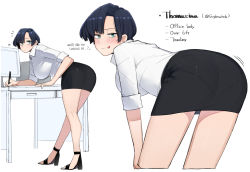 Rule 34 | 1girl, :p, ass, bent over, black hair, black skirt, blush, borrowed character, breasts, cropped legs, curvy, english text, full body, high heels, large breasts, leaning forward, looking at viewer, looking back, monitor, no socks, notice lines, ohasi, original, pencil skirt, shirt, short hair, simple background, skirt, teasing, thomasina (strykewitch), tomboy, tongue, tongue out, white background, white shirt