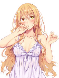 Rule 34 | 1girl, bare arms, bare shoulders, blonde hair, blush, breasts, brown eyes, cleavage, collarbone, commentary request, hair between eyes, heterochromia, highres, large breasts, long hair, nightgown, original, solo, suterii, upper body, white nightgown, yellow eyes