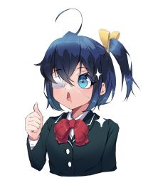 Rule 34 | 1girl, ahoge, black jacket, blue eyes, blue hair, bow, bowtie, breasts, chuunibyou demo koi ga shitai!, drooling, fukurororo, hair between eyes, hand up, highres, jacket, long sleeves, one side up, open mouth, red bow, red bowtie, ribbon, school uniform, shirt, short hair, side ponytail, simple background, small breasts, solo, takanashi rikka, thumbs up, upper body, white background, white shirt, yellow ribbon