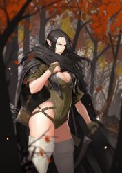 Rule 34 | 1girl, arrow (projectile), autumn, autumn leaves, belt, black hair, blue eyes, boots, bow, bow (weapon), breasts, bridal gauntlets, cape, covered navel, earrings, elf, falling leaves, forest, high heel boots, high heels, highres, hong soon-jae, hoop earrings, jewelry, large breasts, leaf, leotard, lips, long hair, looking at viewer, nature, original, pointy ears, puffy sleeves, quiver, serious, simple background, solo, thigh boots, thighhighs, tree, very long hair, weapon, white background