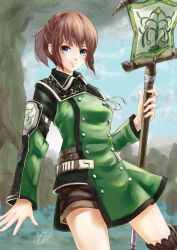 Rule 34 | 1girl, 2019, adventurer (ff11), artist name, banner, blue eyes, brown hair, brown shorts, buttons, closed mouth, dated, final fantasy, final fantasy xi, holding, hume, in-universe location, long sleeves, morere, pink lips, ponytail, short hair, shorts, signature, smile, solo, tree, windurst