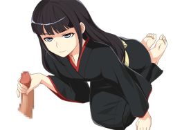 Rule 34 | 1boy, 1girl, barefoot, black hair, blue eyes, character request, copyright request, feet, handjob, hetero, hime cut, japanese clothes, kimono, kneeling, long hair, soles, toes, transparent background